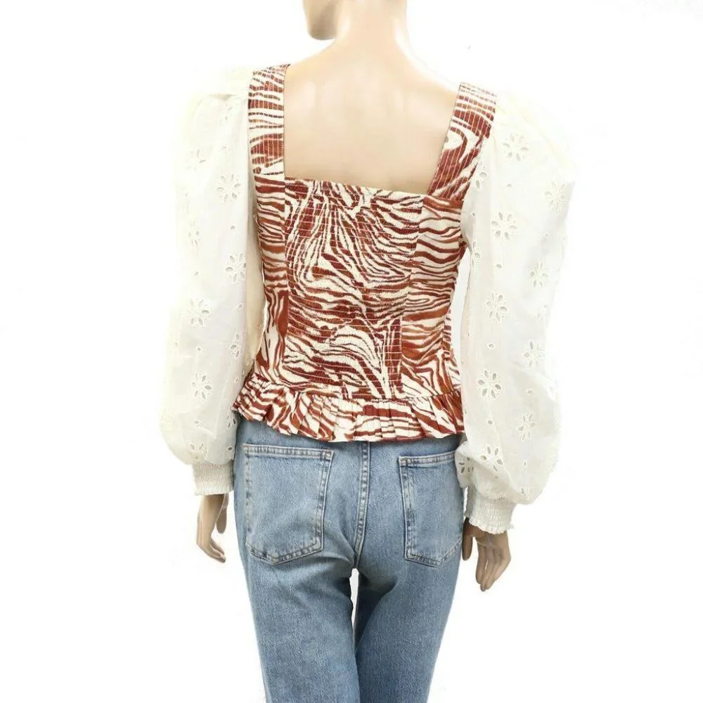 Anthropologie Love The Label Smocked Eyelet Puff Sleeve Blouse Top S New